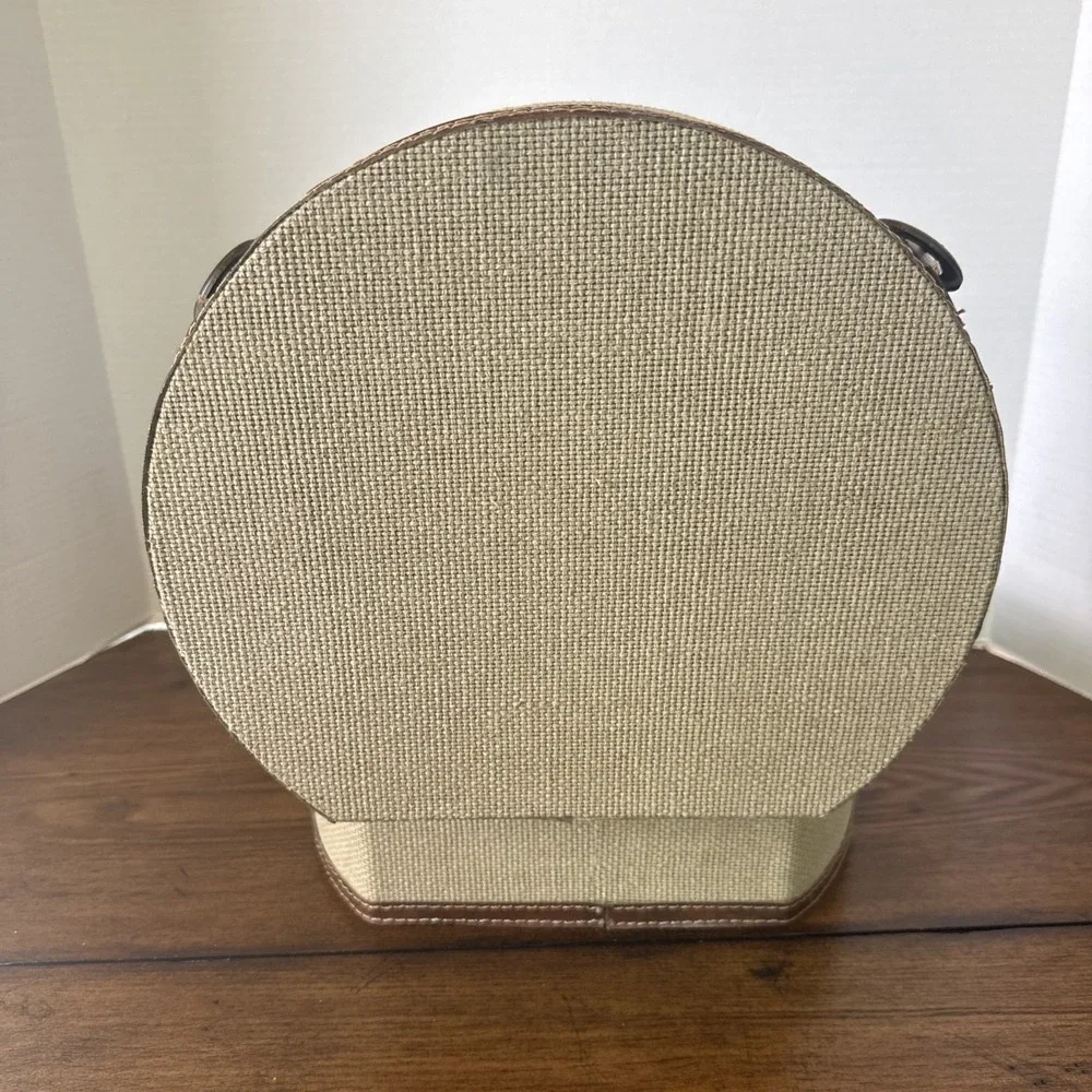 Burlap Traveling Case Woven Fabric Faux Leather Handles Brass Look Snap Straps